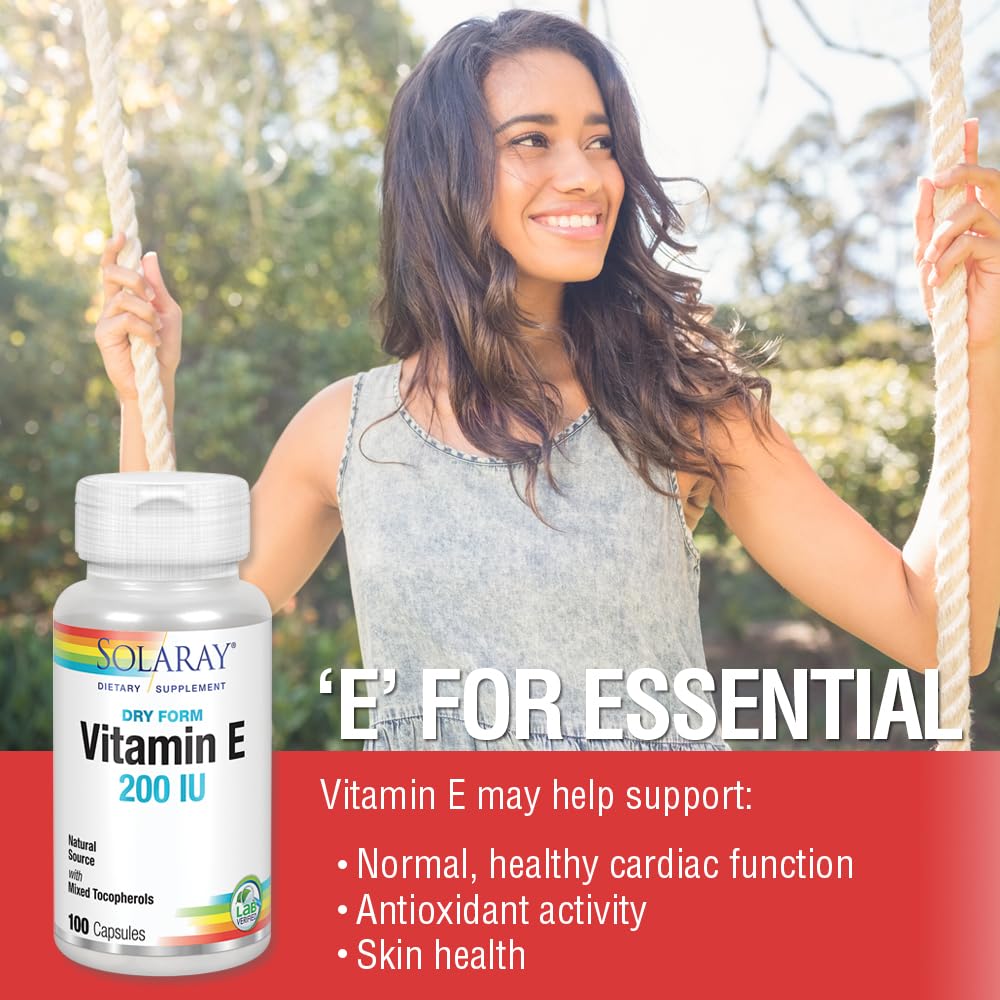 SOLARAY Vitamin E Dry 200 IU PCR bottle highlighting eco packaging