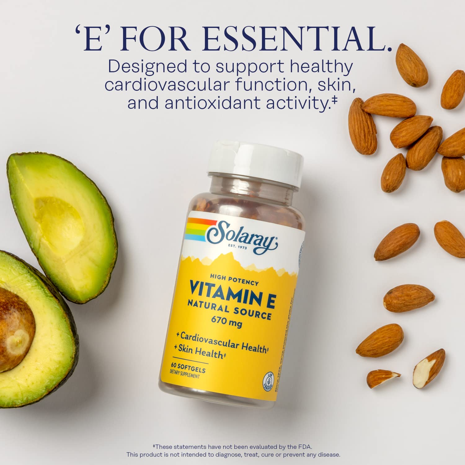 SOLARAY Vitamin E label graphics highlighting d-Alpha-Tocopherol content.