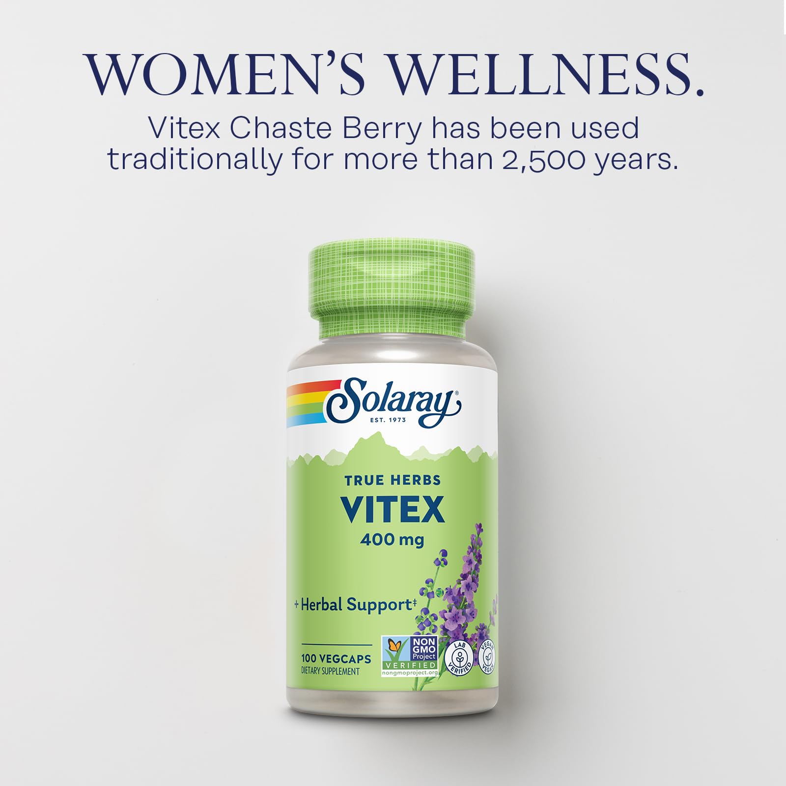 SOLARAY Vitex Berry 400mg label highlighting vegan and non-GMO status