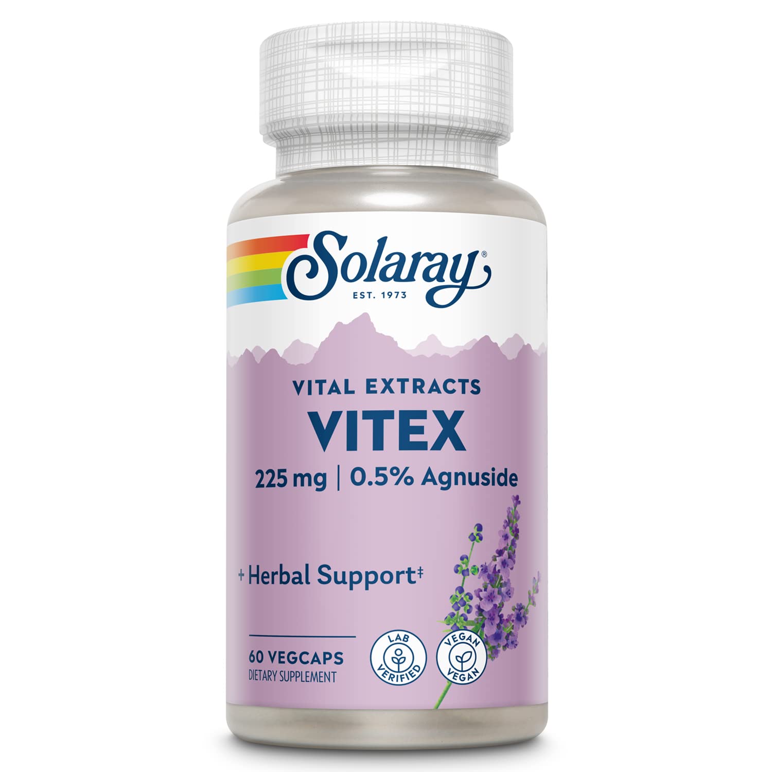 SOLARAY Vitex berry extract bottle showing 225 mg per serving for herbal support