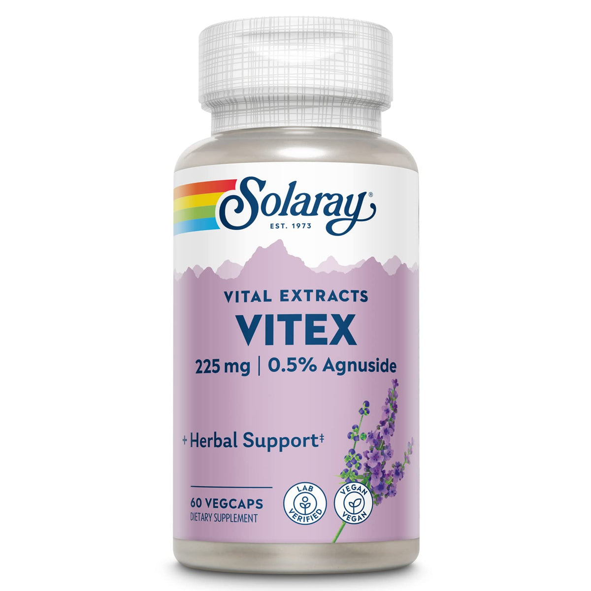 SOLARAY Vitex berry extract bottle showing 225 mg per serving for herbal support