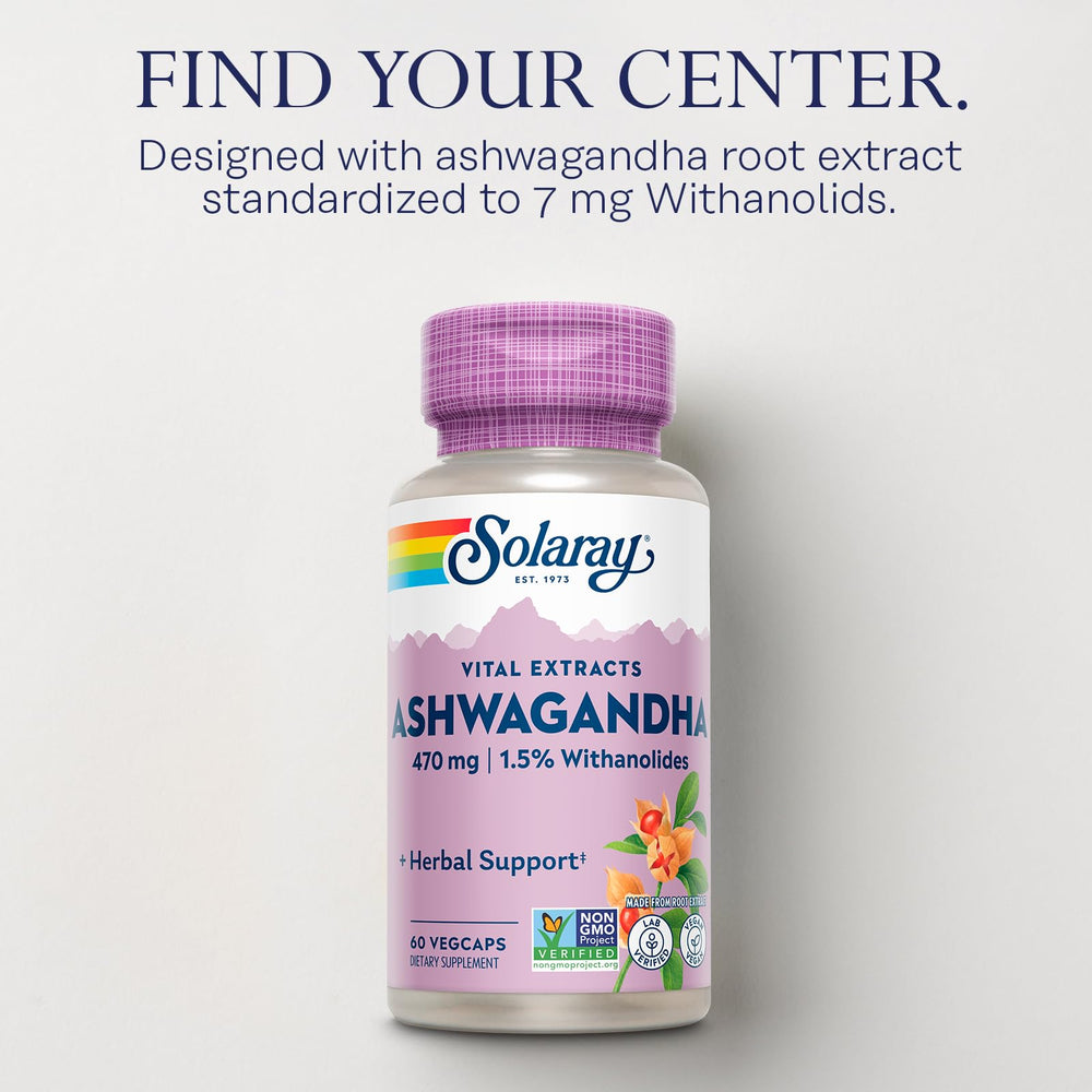 SOLARAY Withanolides 7 mg focus inside a vegan capsule.
