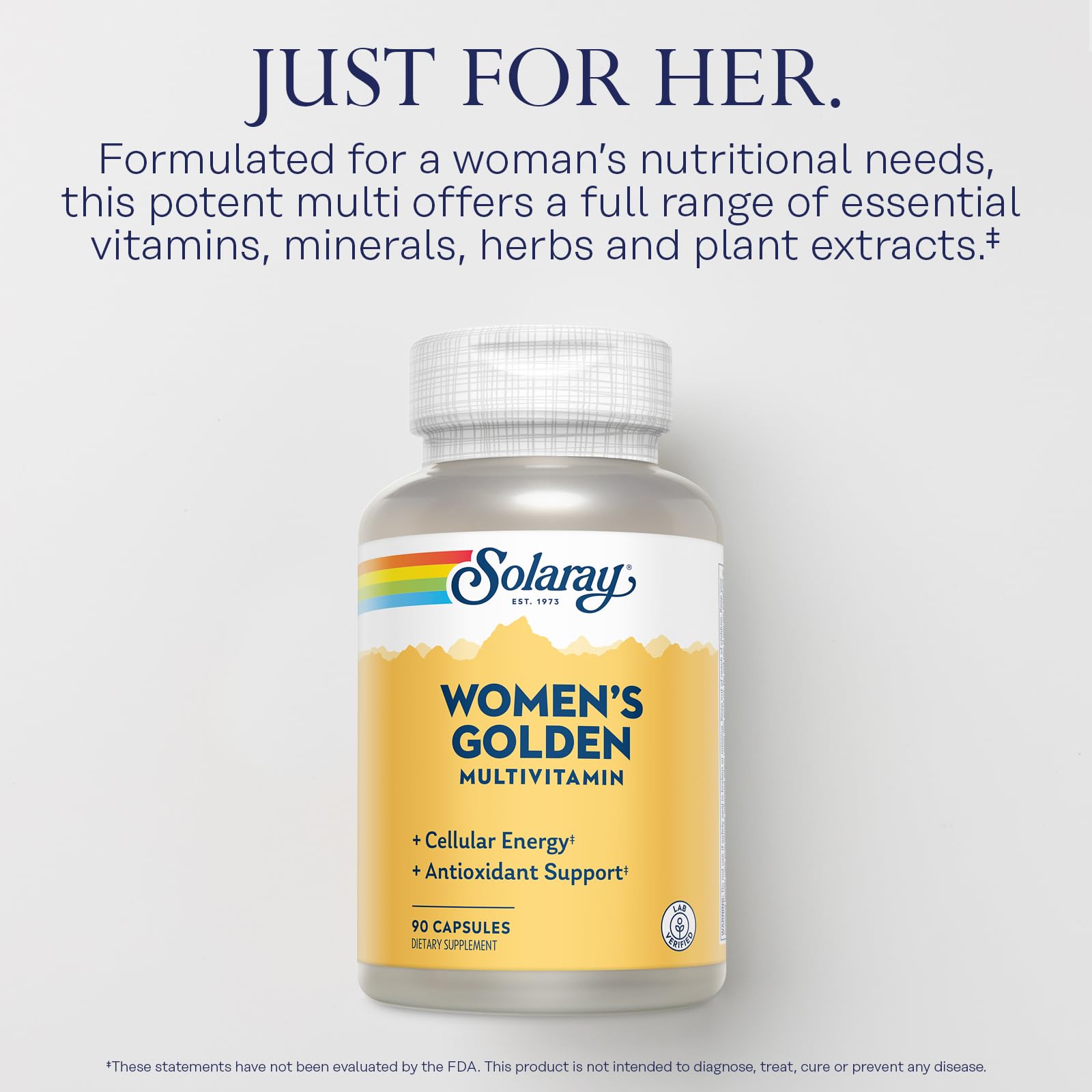 SOLARAY Women's Golden Multi-Vita-min label detail highlights daily nutrient support