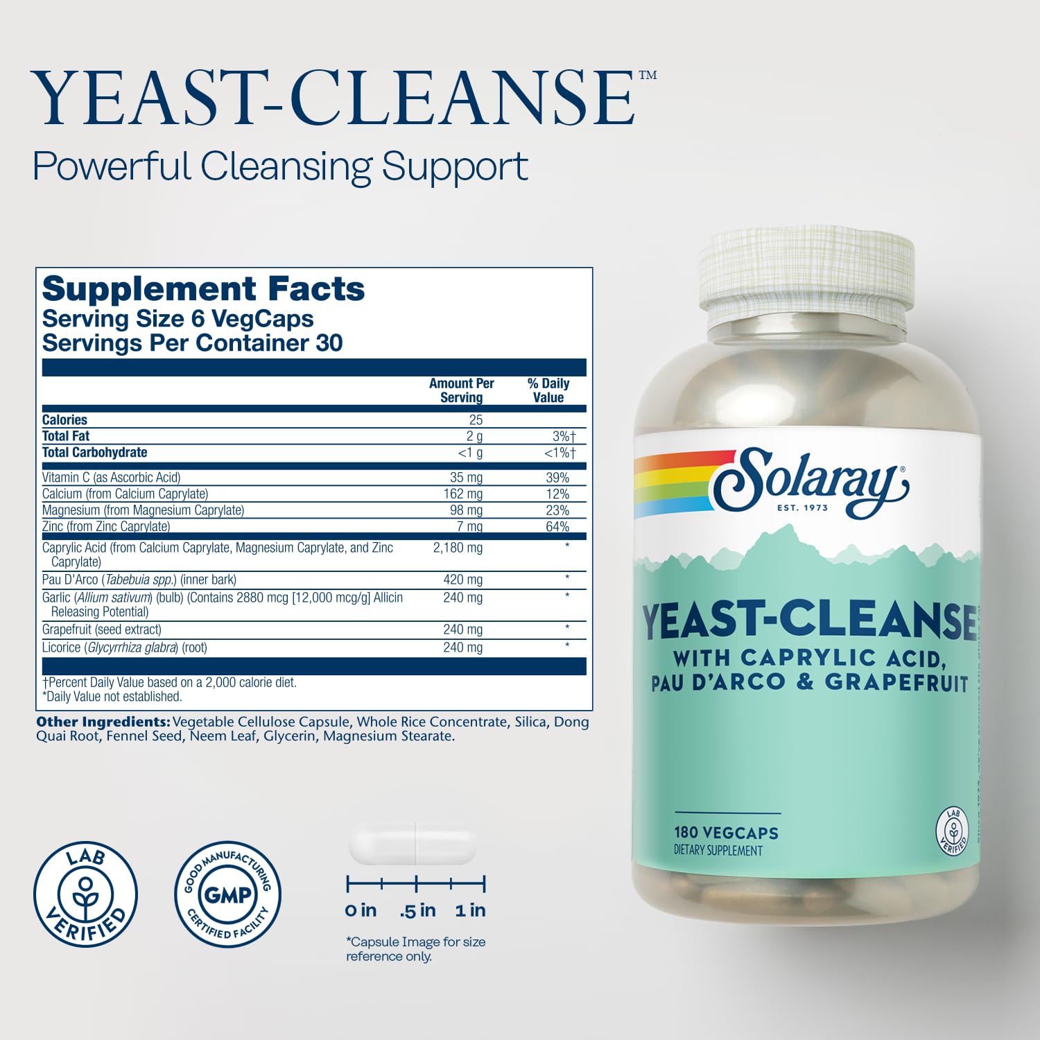 Solaray Yeast-Cleanse bottle back with dosage and label details.