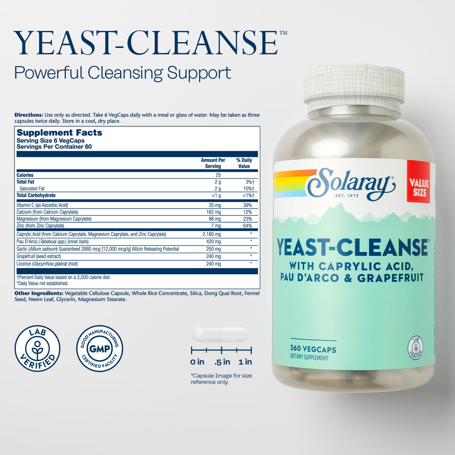 SOLARAY Yeast Cleanse label close-up highlighting key ingredients.
