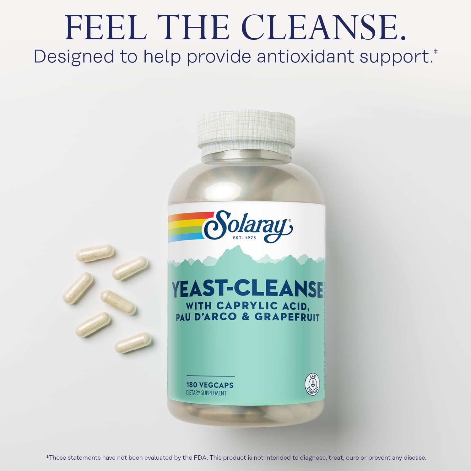 Close-up of Solaray Yeast-Cleanse capsules highlighting vegetarian formula.