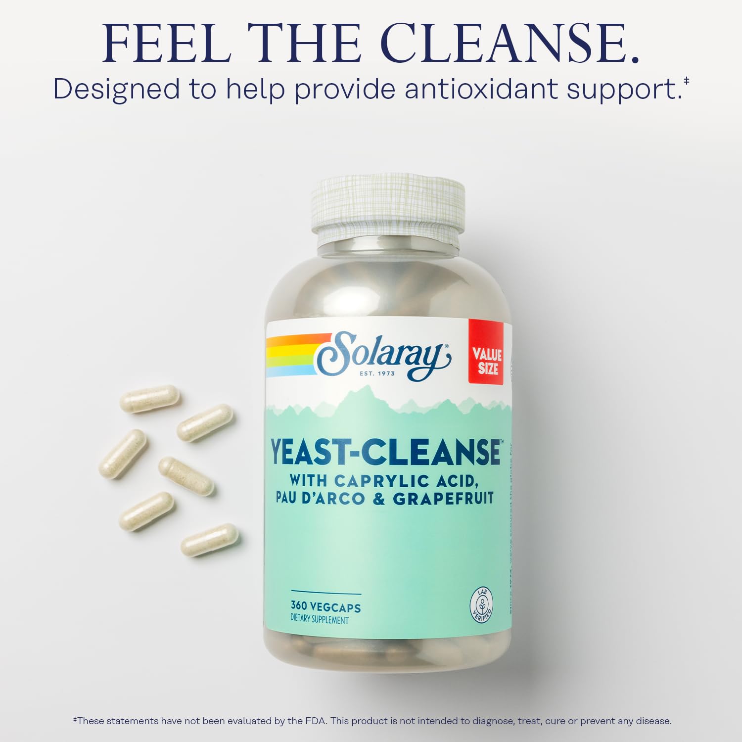 SOLARAY Yeast Cleanse capsules shown for daily serving.