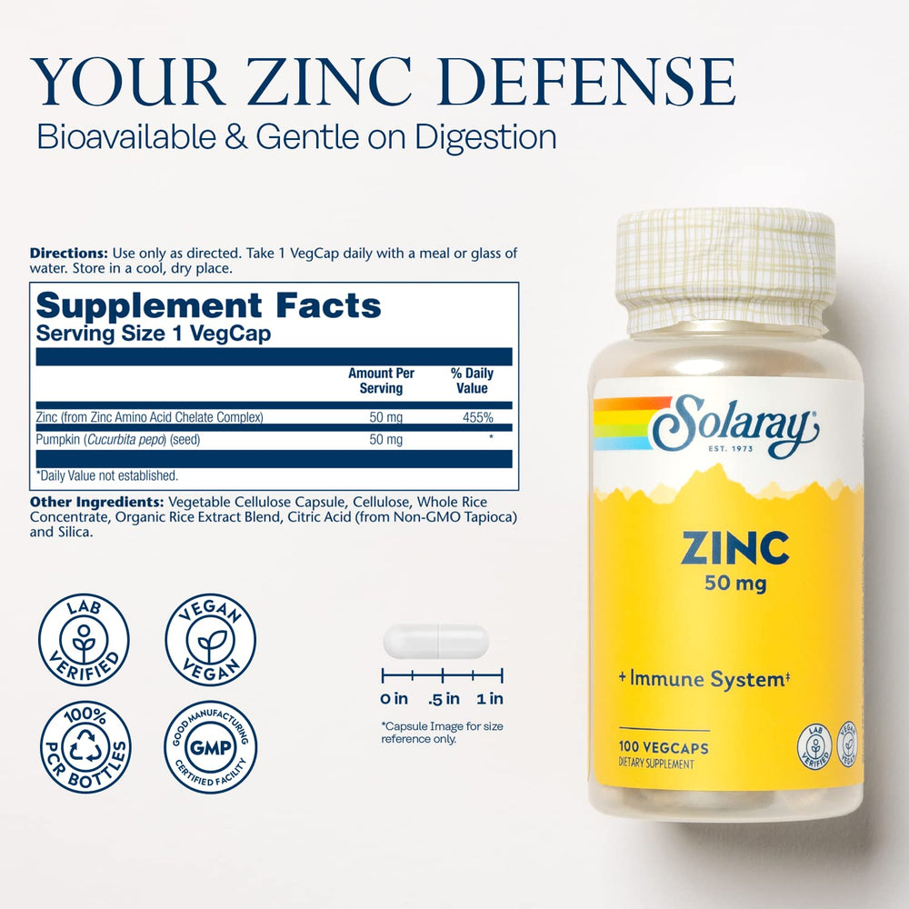 Solaray Zinc chelated formula close-up emphasizes absorption potential.