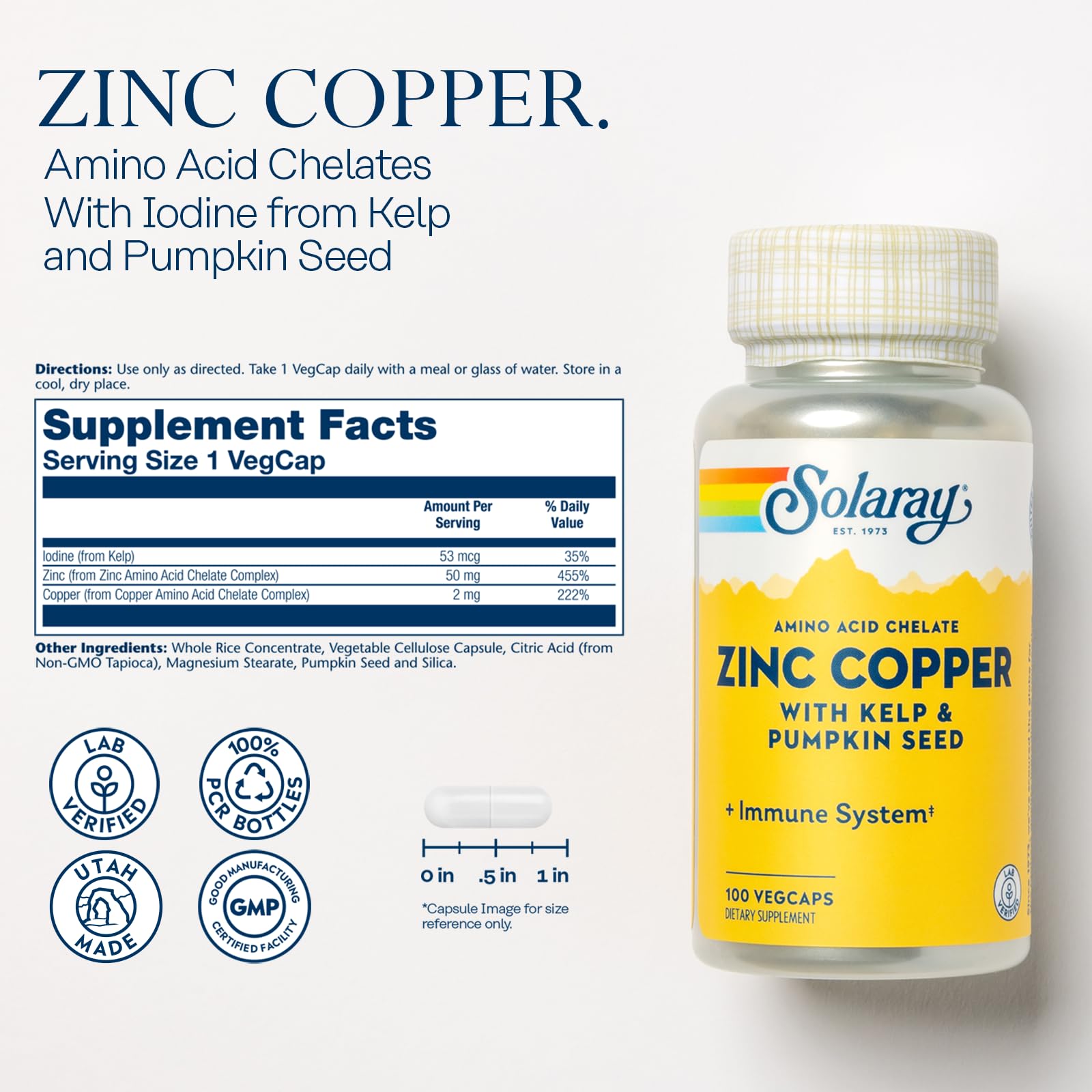 Solaray Zinc Copper capsules inside bottle suggesting skin and bone health benefits.
