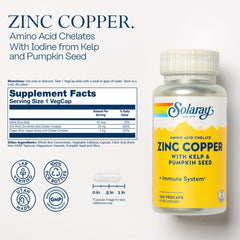 Solaray Zinc Copper capsules inside bottle suggesting skin and bone health benefits.