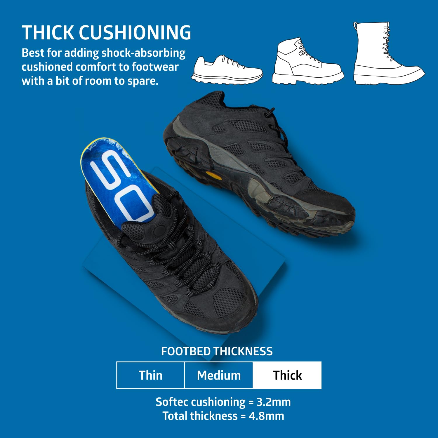 SOLE Performance thick insole emphasizes plantar fasciitis relief for comfortable steps.