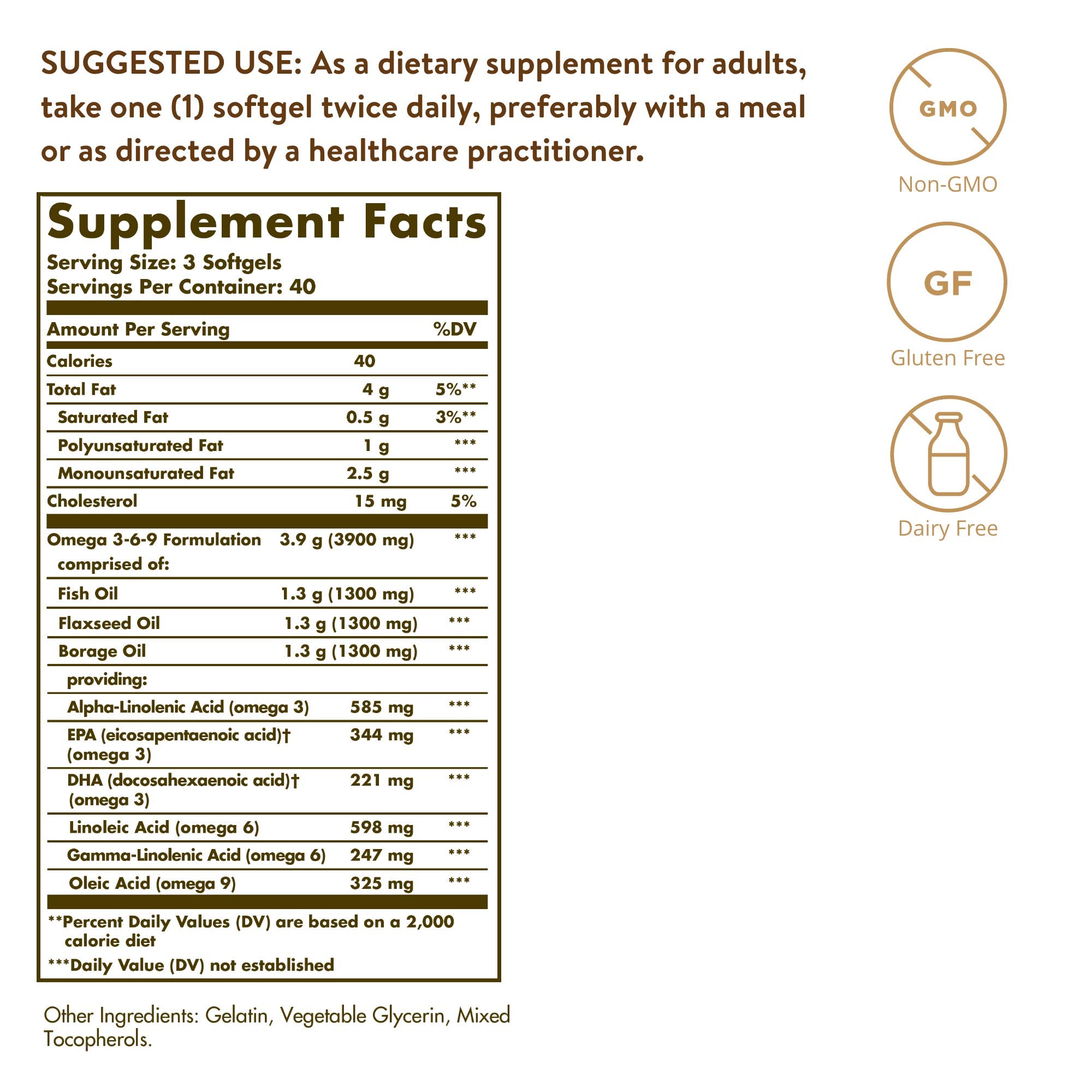 Solgar 1300 mg Omega 3-6-9 softgels pour for easy daily use of essential fatty acids