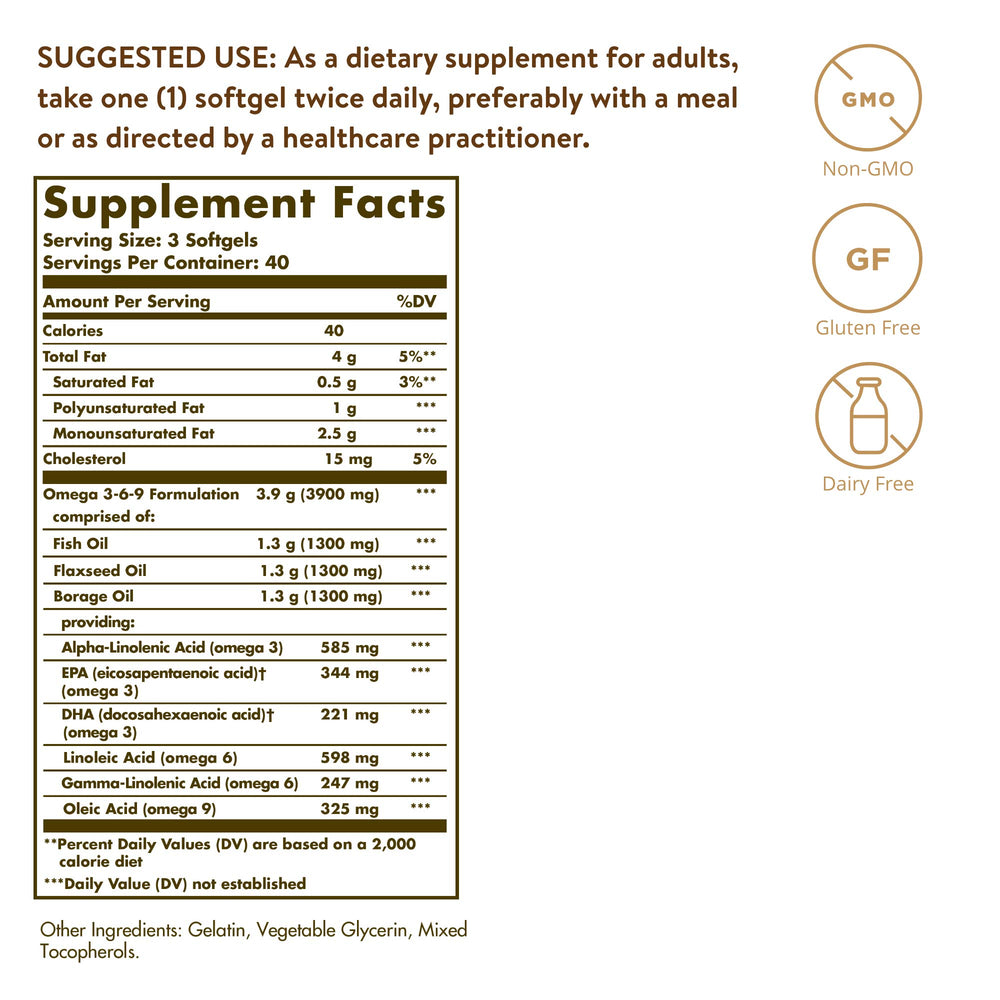 Solgar 1300 mg Omega 3-6-9 softgels pour for easy daily use of essential fatty acids