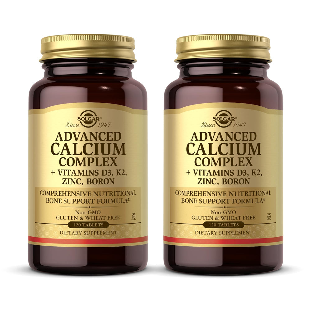 Solgar Advanced Calcium Complex bottle on shelf for daily bone health support.
