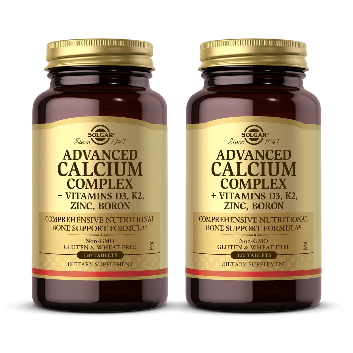 Solgar Advanced Calcium Complex bottle on shelf for daily bone health support.