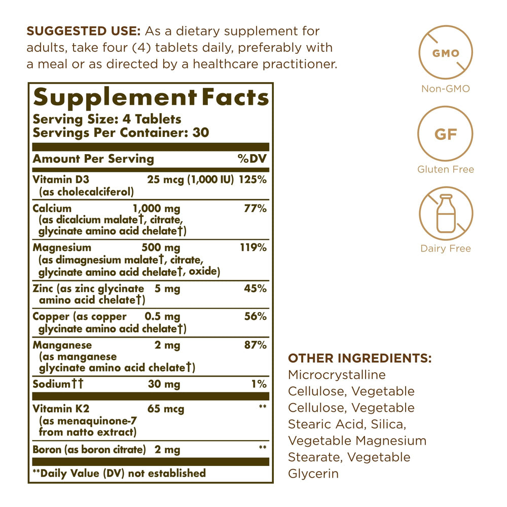Solgar Advanced Calcium Complex tablets close-up for easy daily dosing.