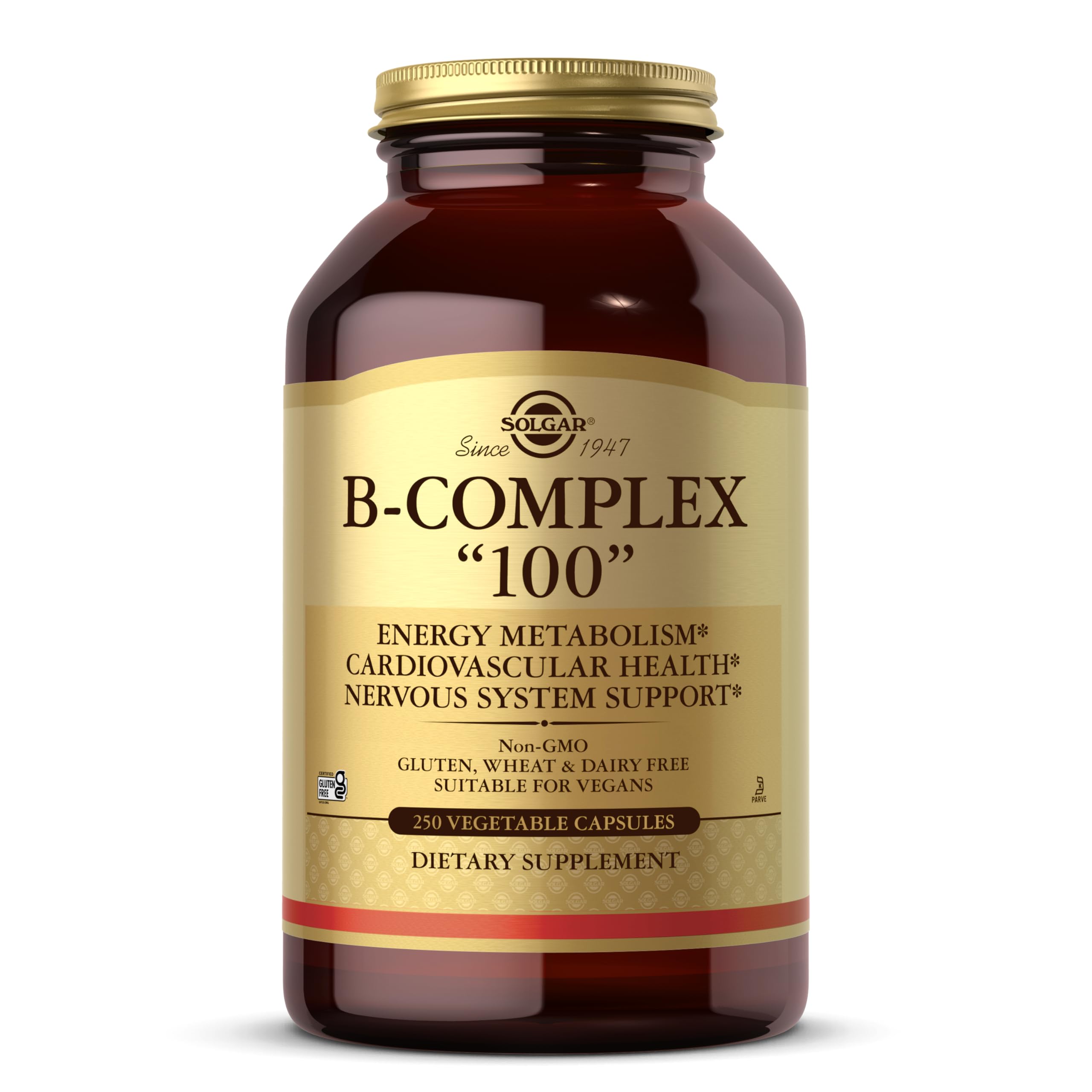 Solgar B-Complex 100 bottle with capsules for daily energy metabolism support