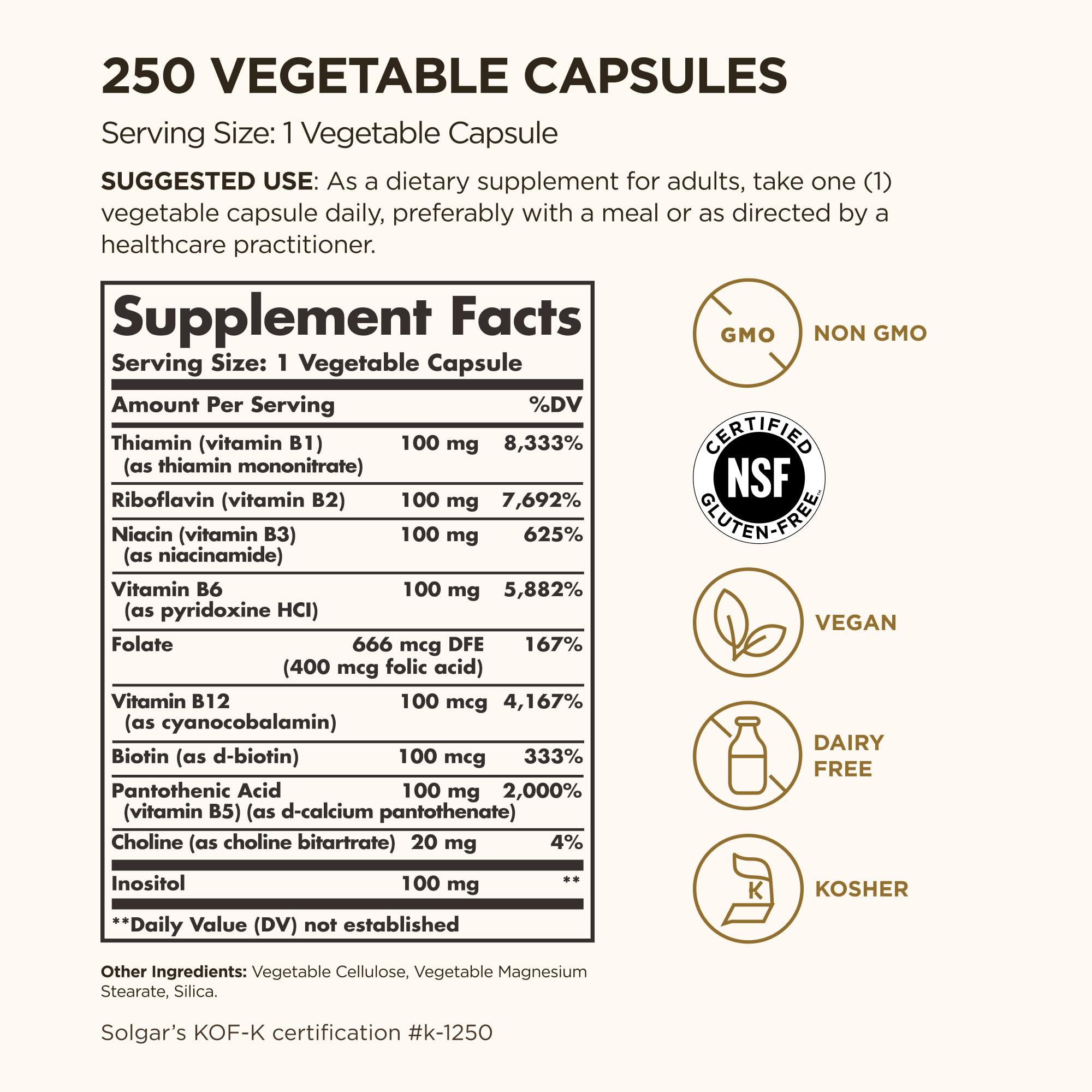 Close-up of Solgar B-Complex 100 label highlighting vegan, non-GMO formula