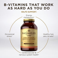 Packaging details of Solgar B-Complex 100 for easy daily use