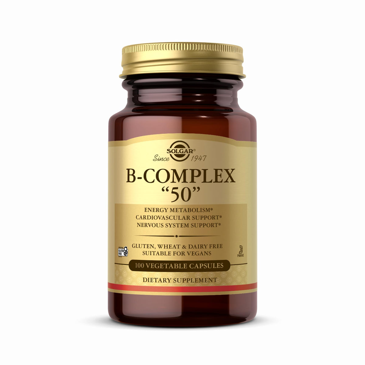 Solgar B-Complex 50 bottle with vegetable capsules for energy support.