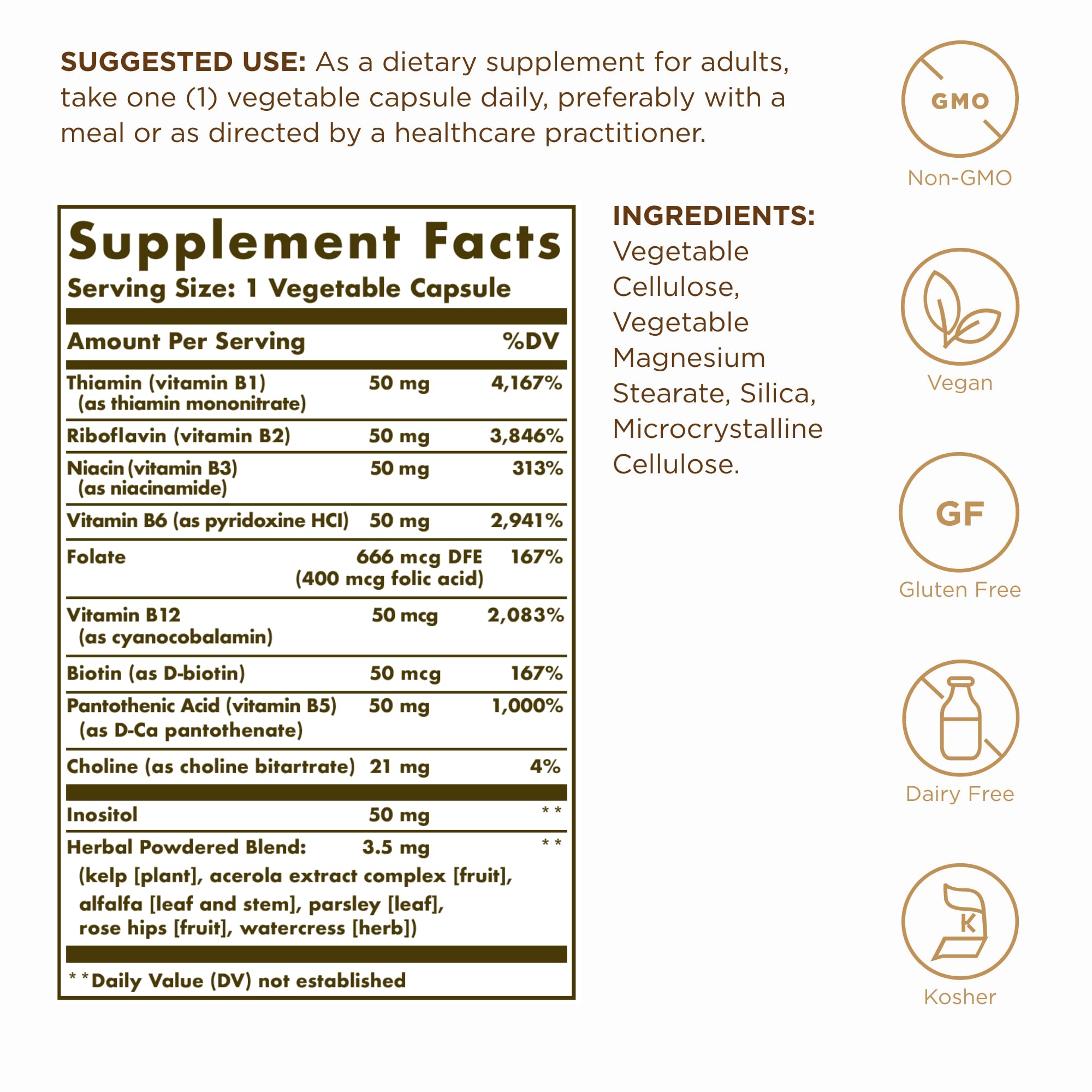 Close-up of Solgar B-Complex 50 capsules highlighting vegan formulation.