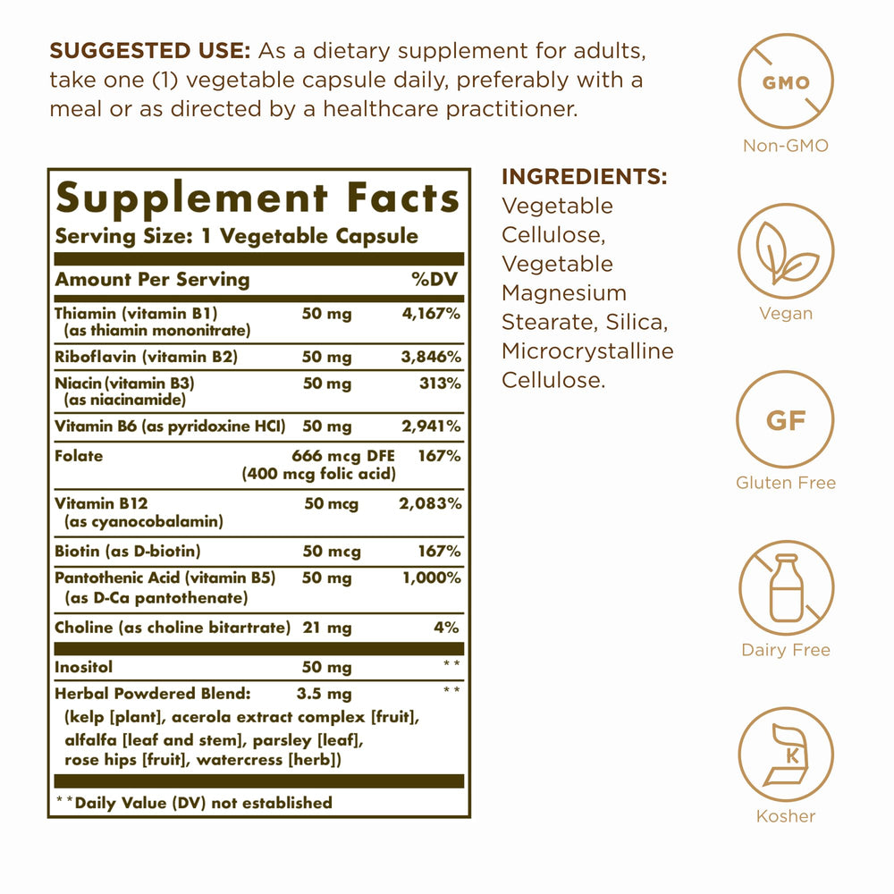 Close-up of Solgar B-Complex 50 capsules highlighting vegan formulation.