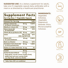 Close-up of Solgar B-Complex 50 capsules highlighting vegan formulation.