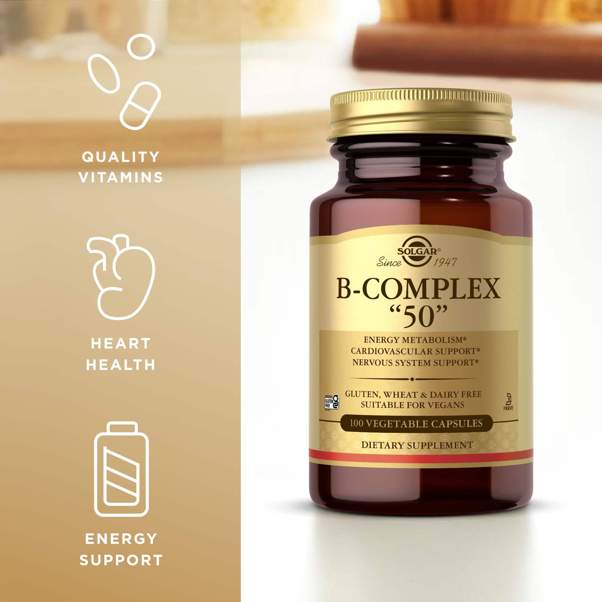 Solgar B-Complex 50 vegan capsules ready for daily use.