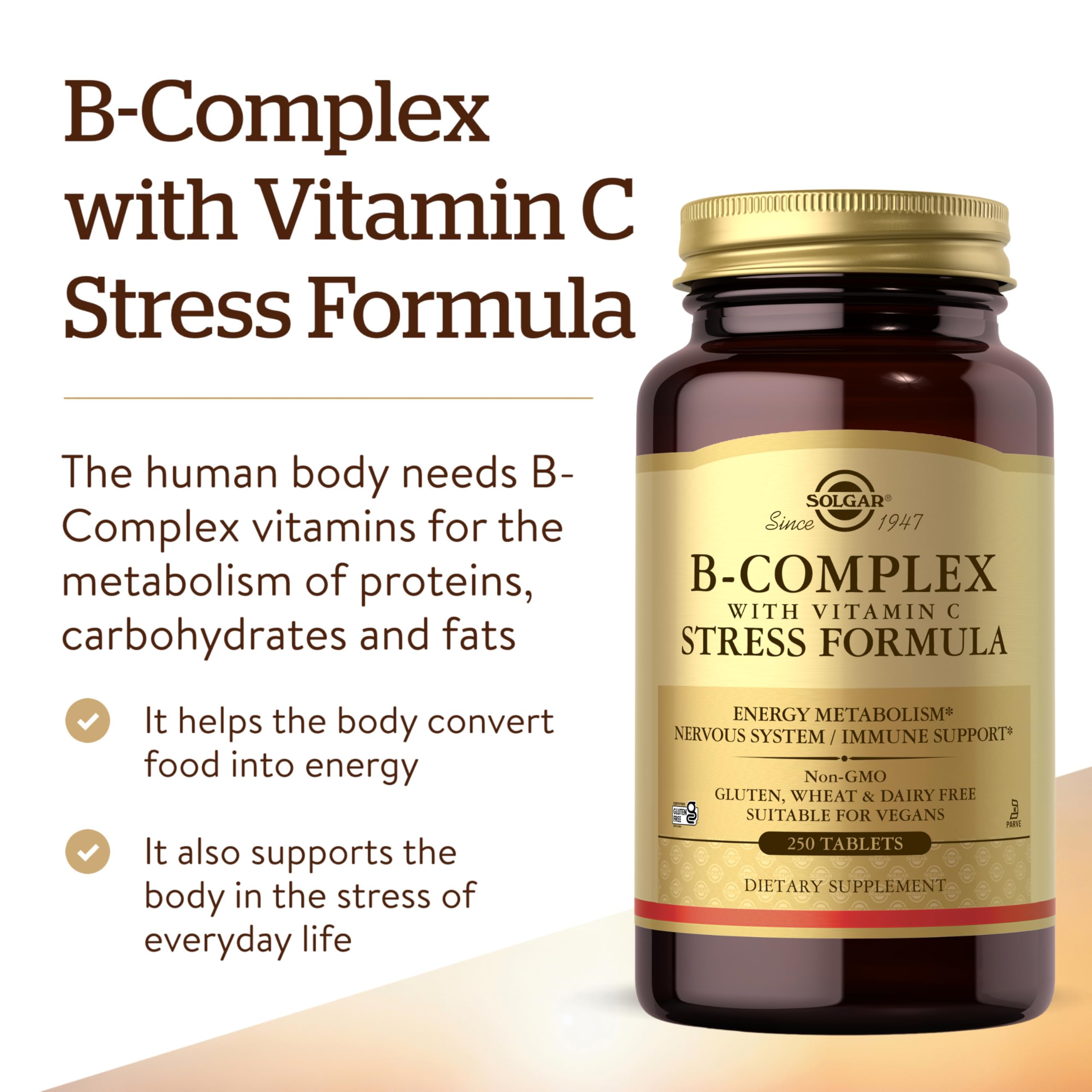 Solgar B-Complex bottle close-up label, showcasing vegan, non-GMO certification.