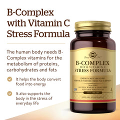 Solgar B-Complex bottle close-up label, showcasing vegan, non-GMO certification.