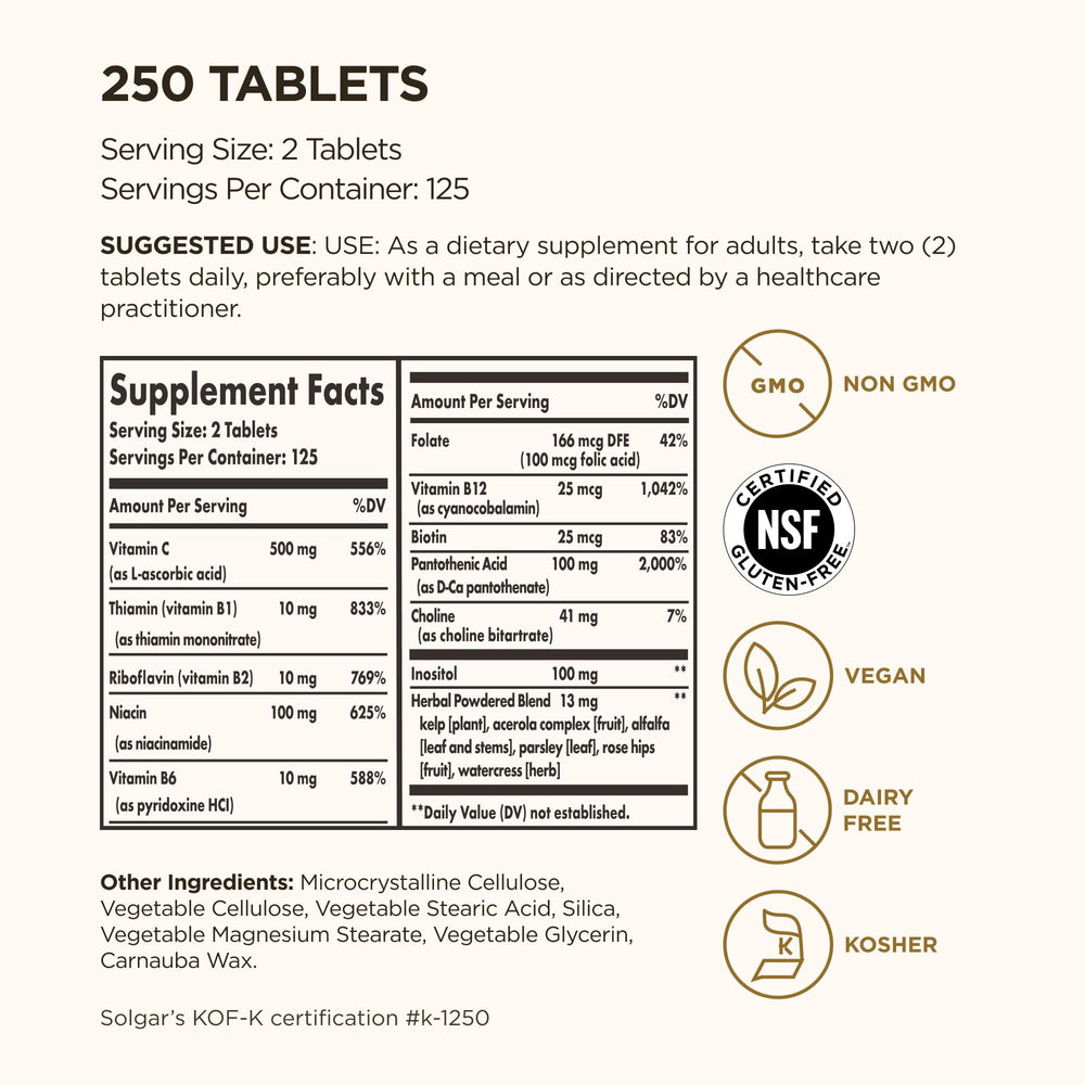 Solgar B-Complex capsules on a wooden surface, illustrating daily immune and energy support.