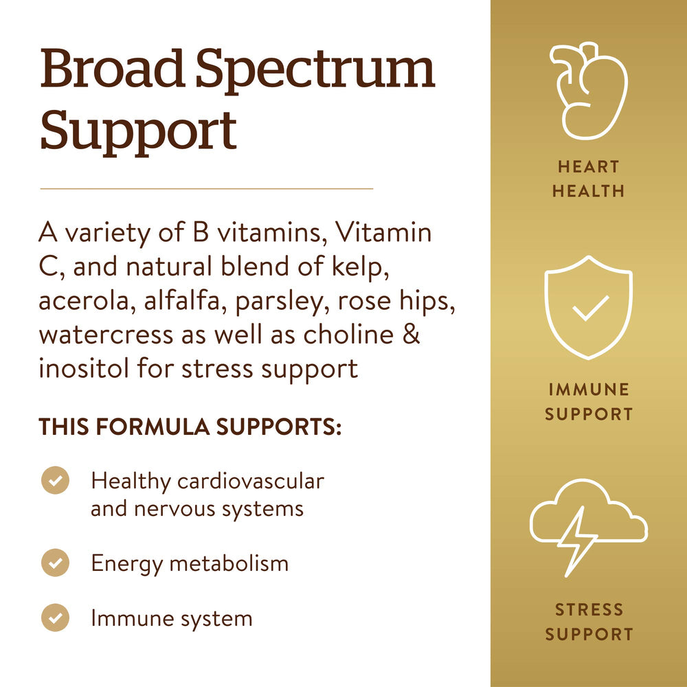 Solgar B-Complex packaging on kitchen counter, gluten-free and dairy-free vitamins.