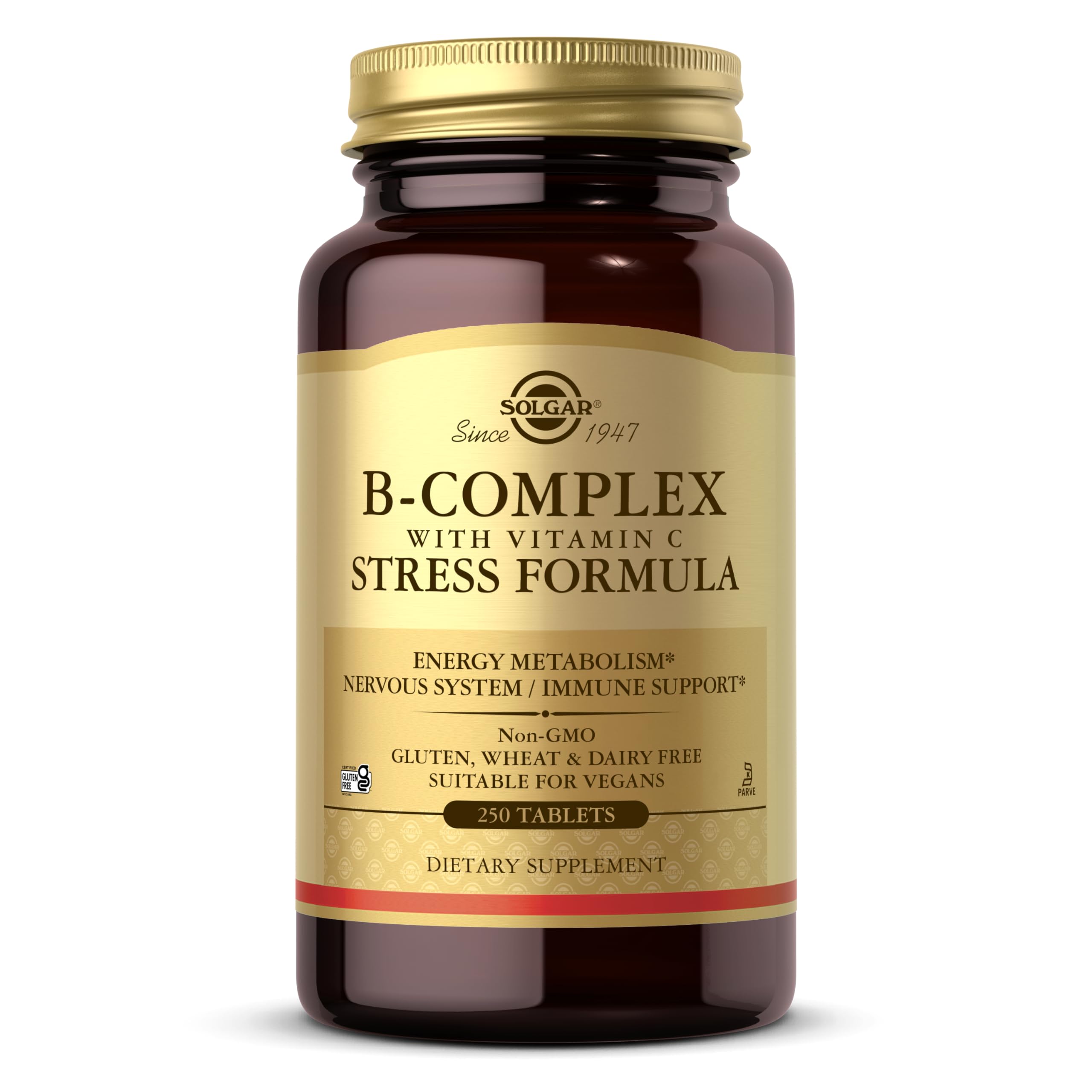 Solgar B-Complex Vitamin C Stress Formula bottle front, supporting energy metabolism and nervous system health.