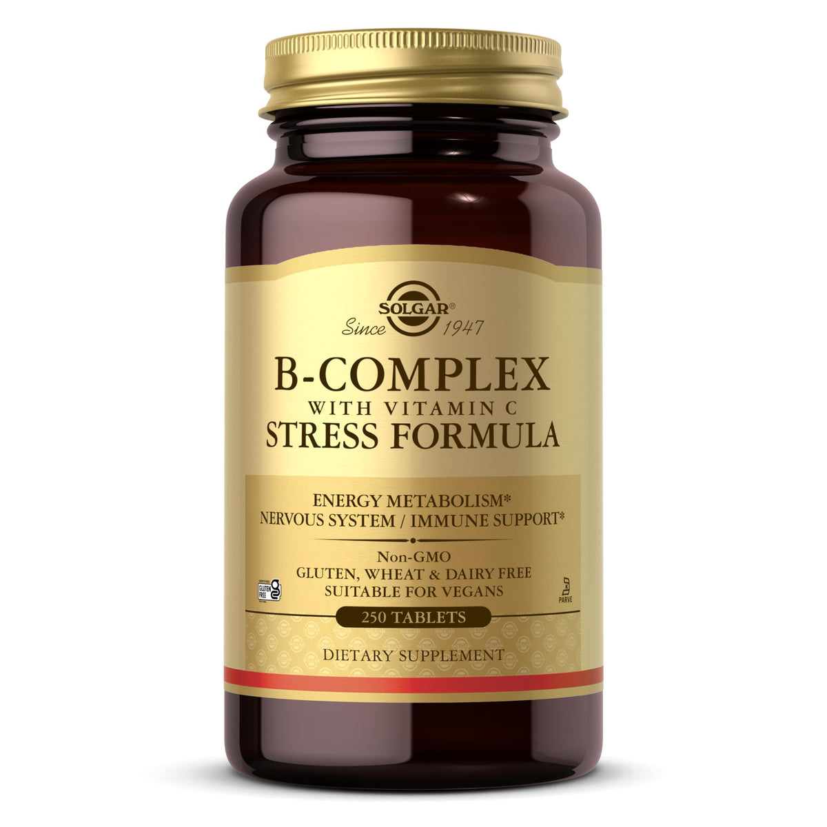 Solgar B-Complex Vitamin C Stress Formula bottle front, supporting energy metabolism and nervous system health.