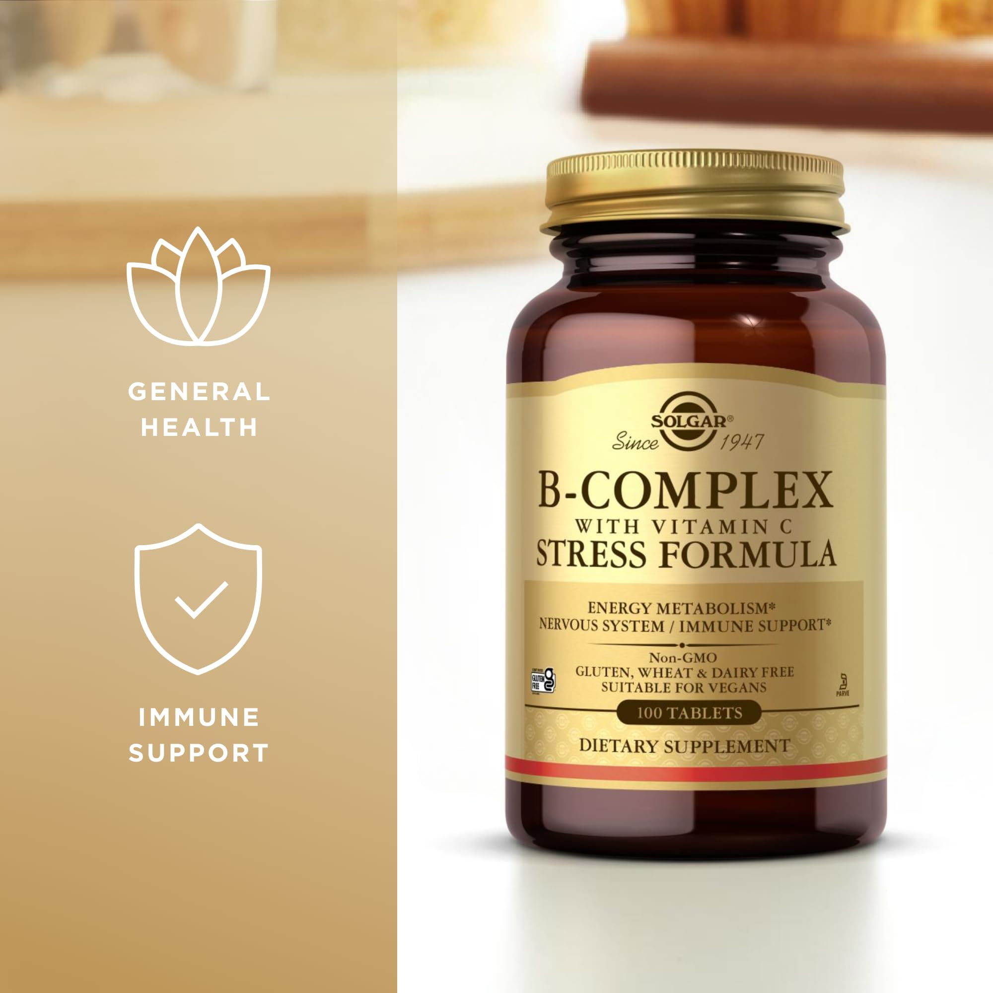 Solgar B-Complex with C Stress Formula box on kitchen counter