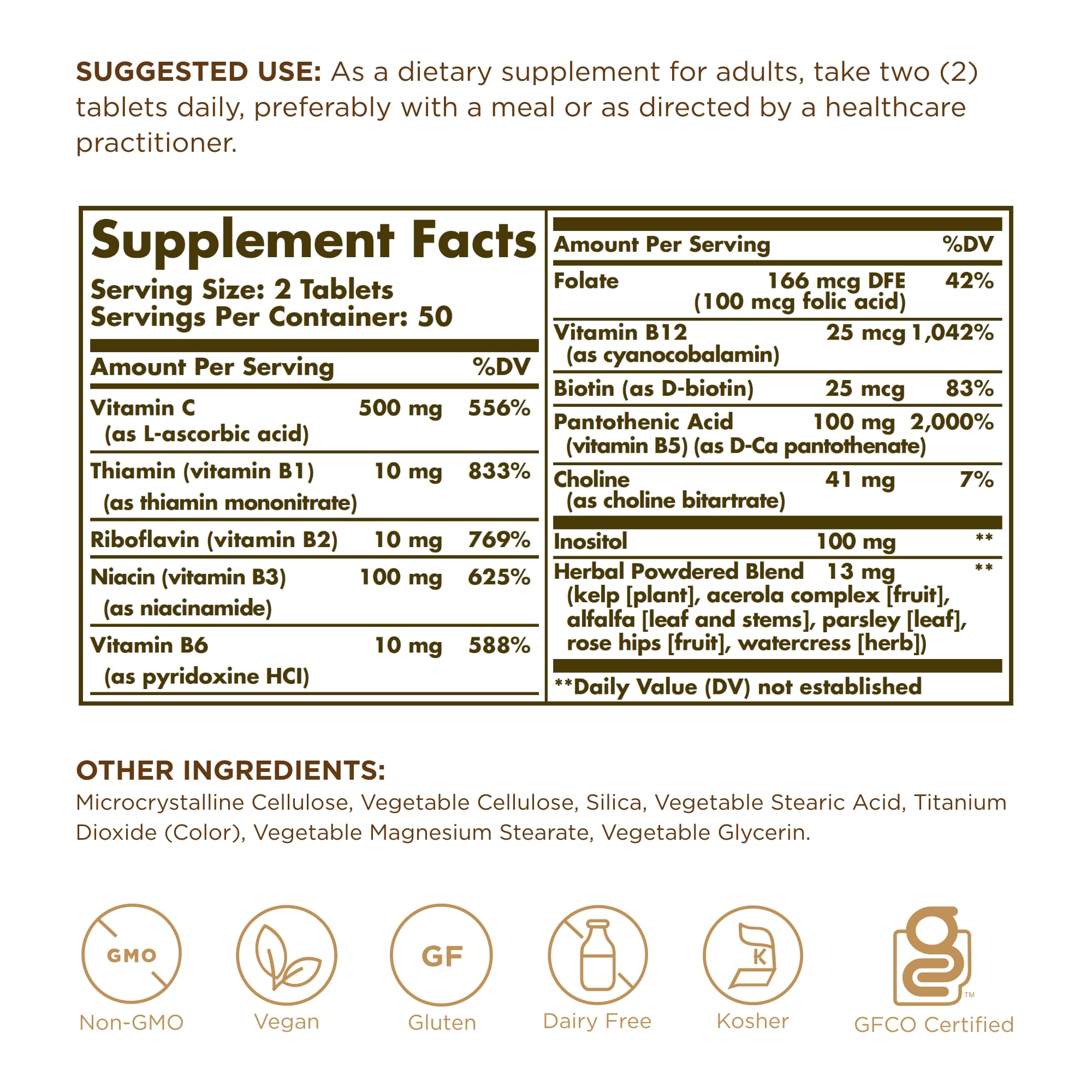 Solgar B-Complex with C Stress Formula label close-up highlighting ingredients
