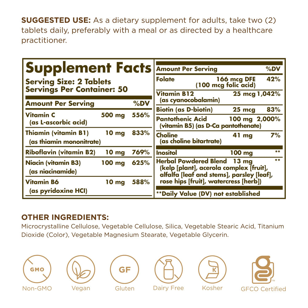 Solgar B-Complex with C Stress Formula label close-up highlighting ingredients