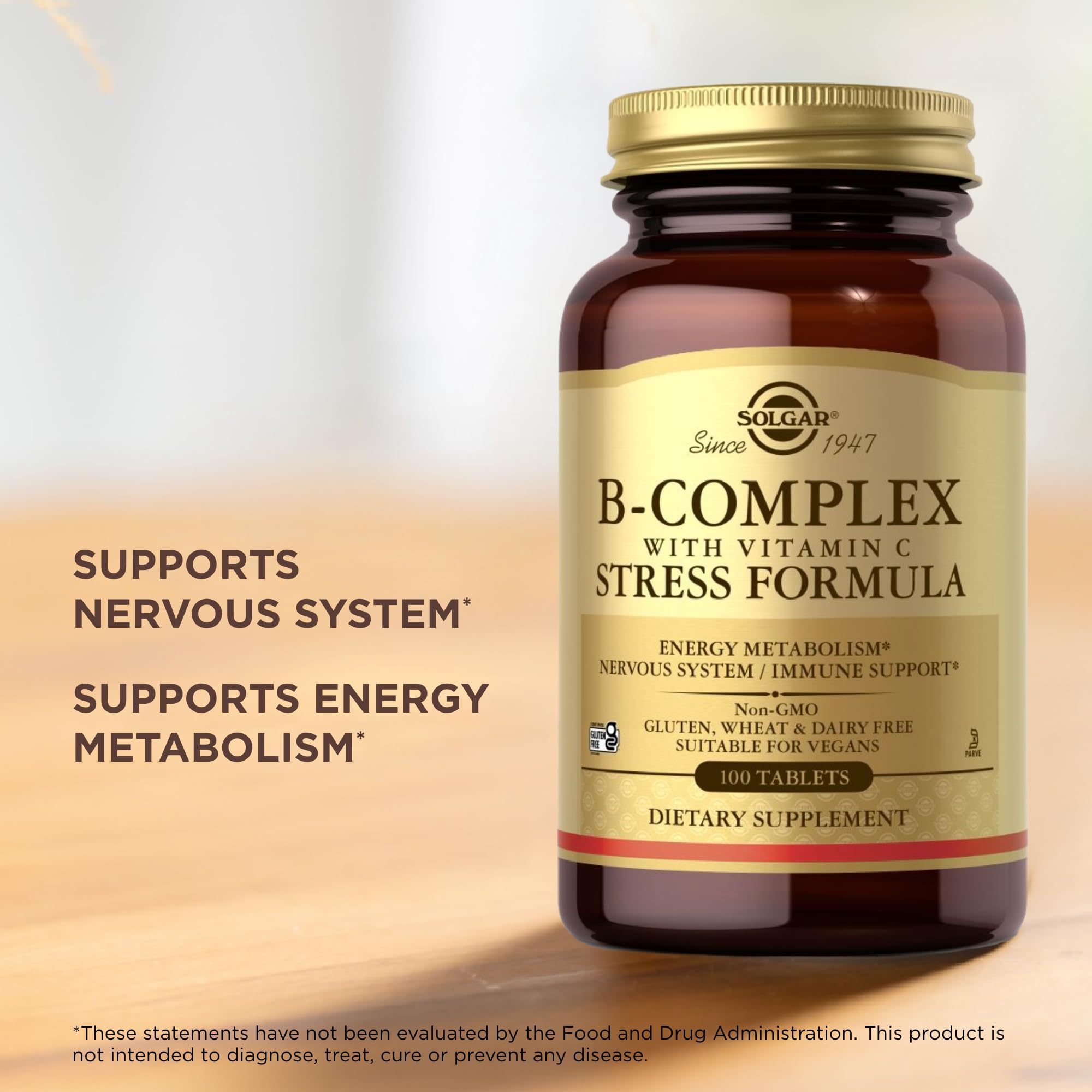 Solgar B-Complex with C Stress Formula tablets lined up
