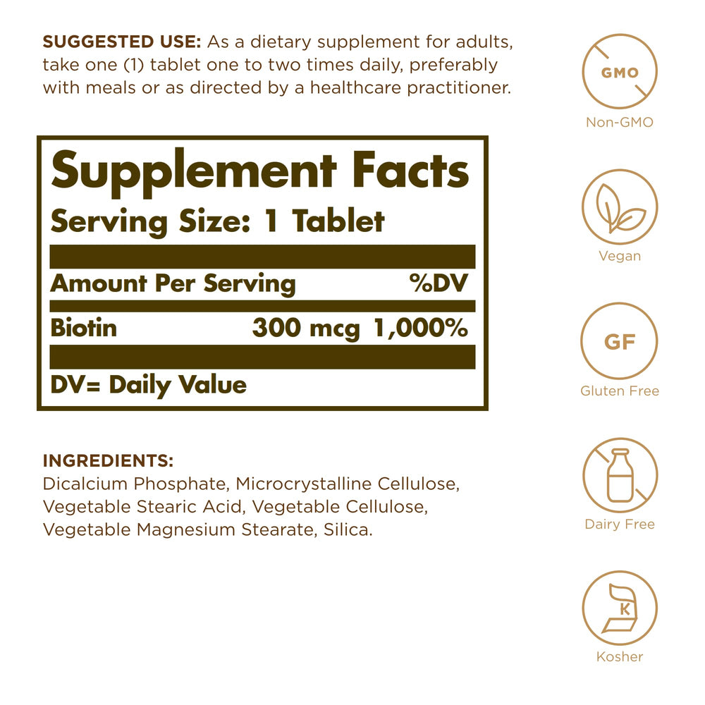 Solgar Biotin 300mcg bottle back label—gluten-free, non-GMO quality.