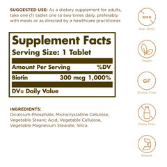 Solgar Biotin 300mcg bottle back label—gluten-free, non-GMO quality.