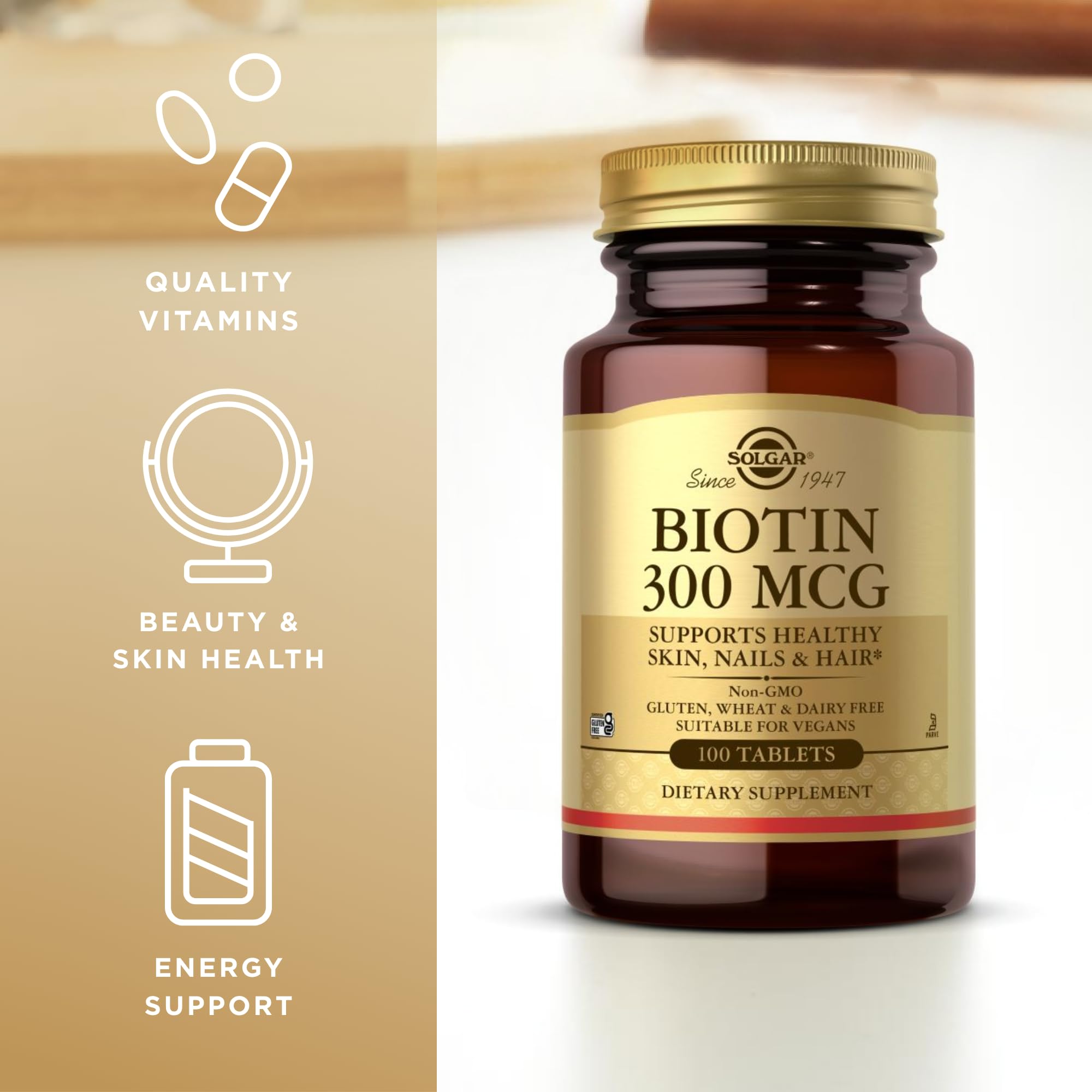 Solgar Biotin 300mcg 100-tabs ingredients list—gluten-free and vegan nutrition.