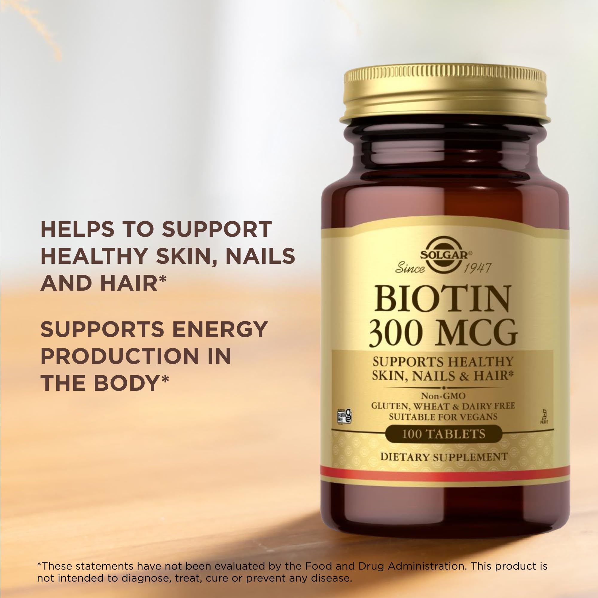 Solgar Biotin 300mcg packaging—recyclable materials and trusted brand.