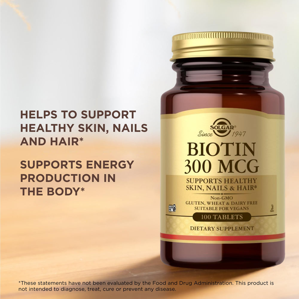 Solgar Biotin 300mcg packaging—recyclable materials and trusted brand.