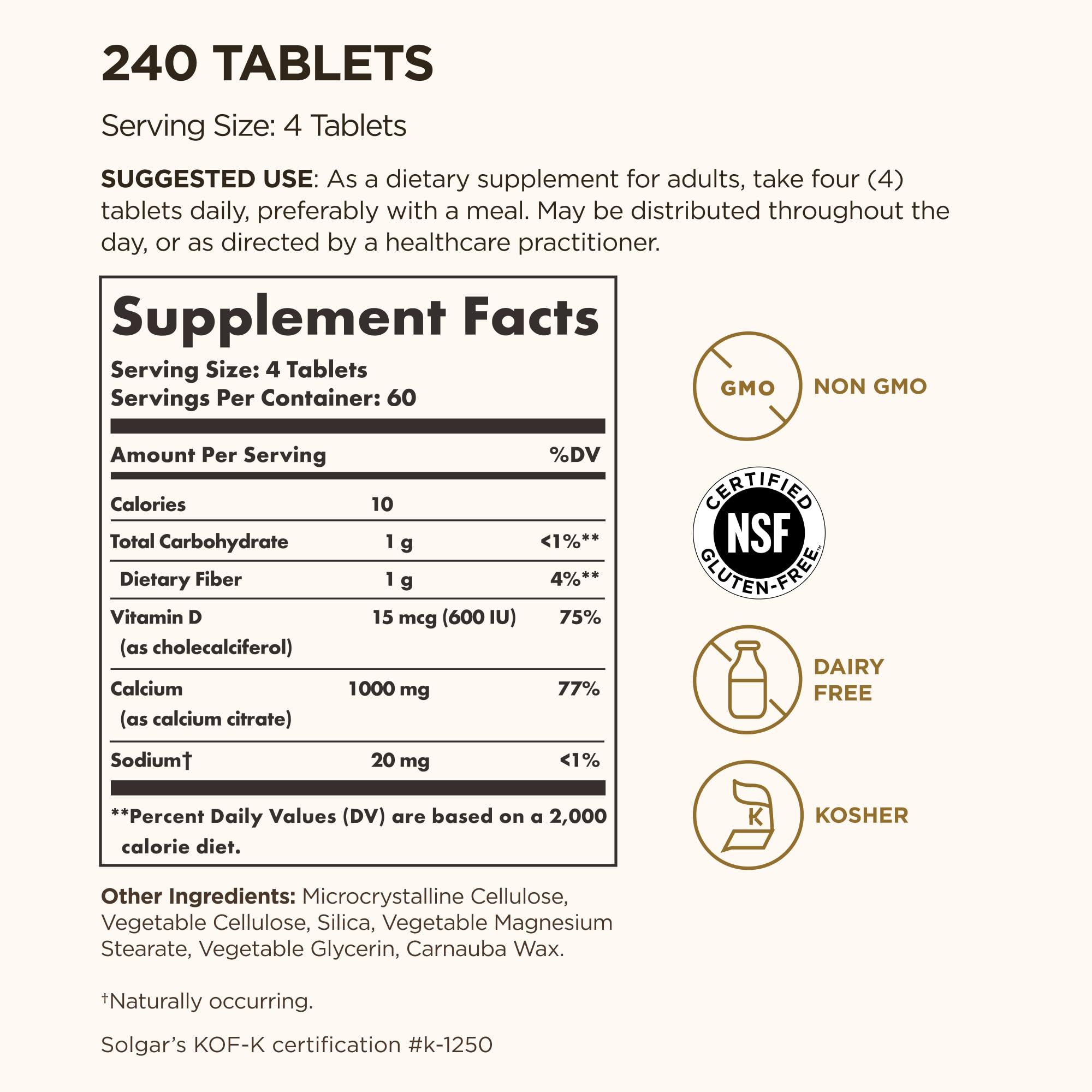 Solgar Calcium Citrate with Vitamin D3 label close up highlighting Vitamin D3 for calcium absorption