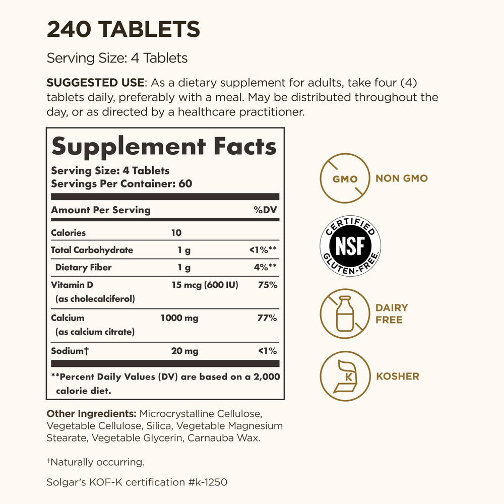 Solgar Calcium Citrate with Vitamin D3 label close up highlighting Vitamin D3 for calcium absorption