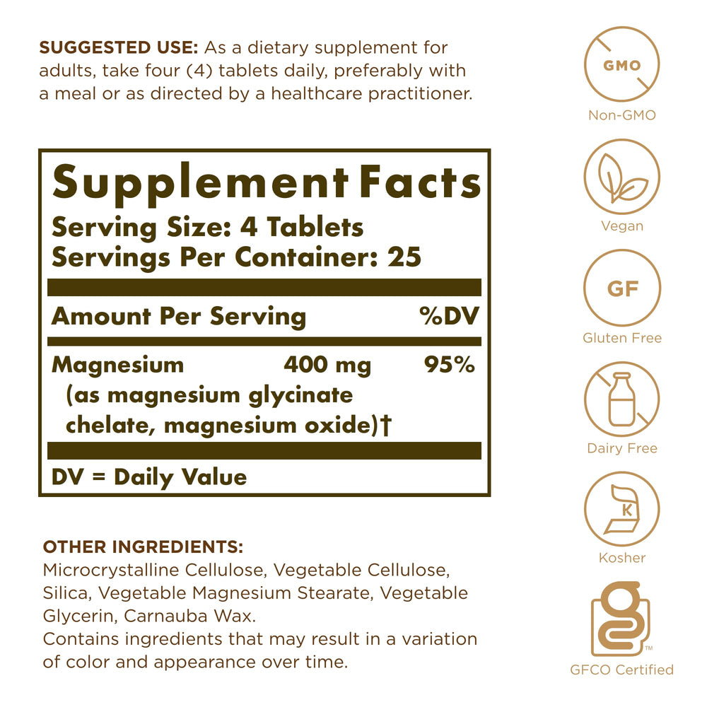 Solgar Chelated Magnesium 100 tabs package ready for everyday use
