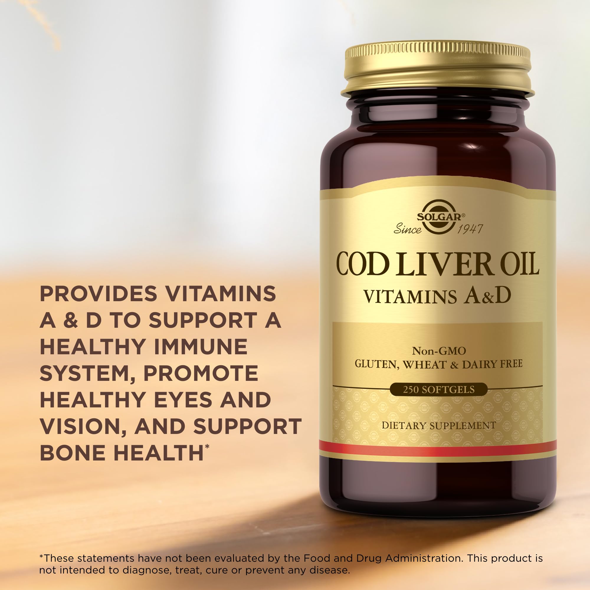 Solgar Cod Liver Oil packaging emphasizes gluten-free, non-GMO promise.