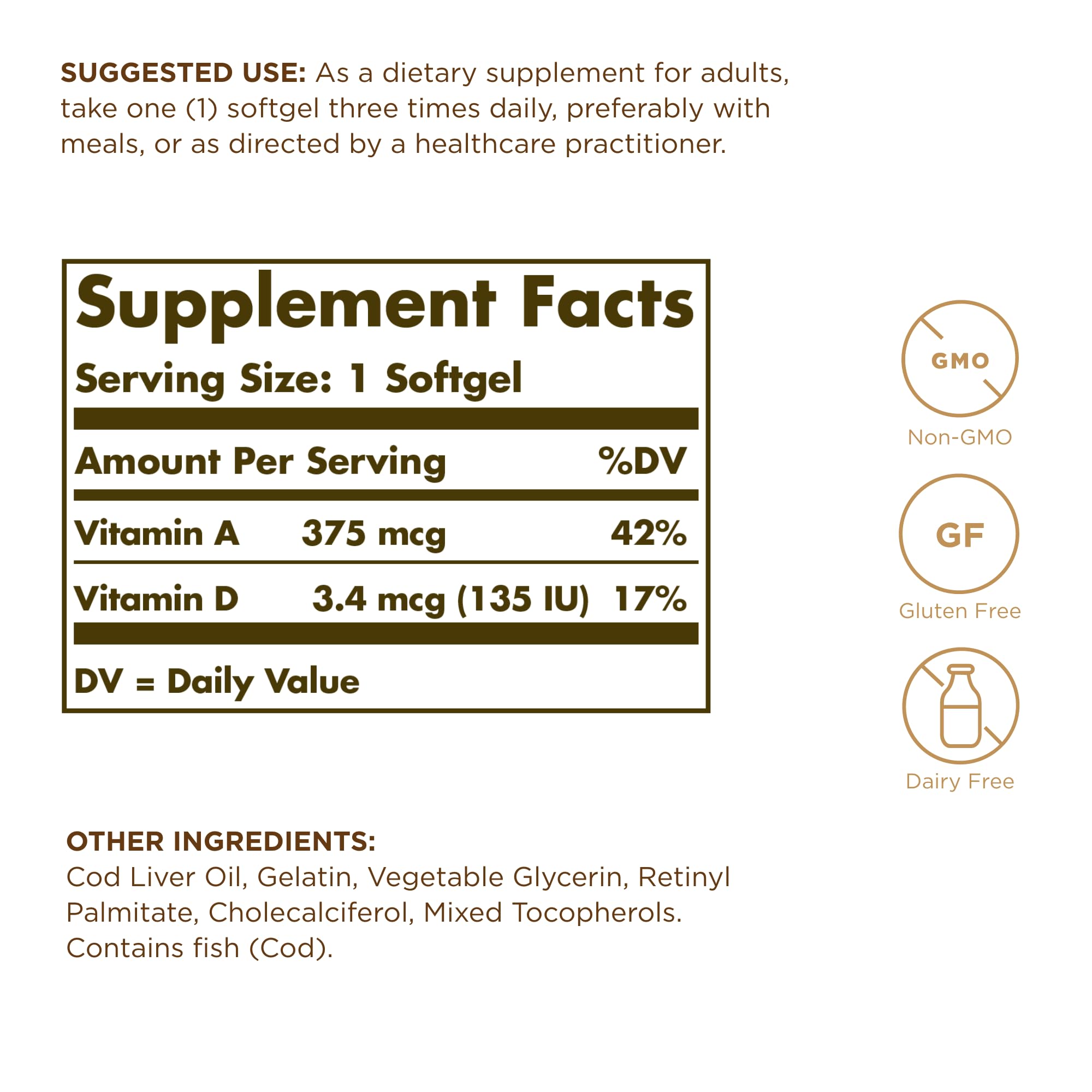 Solgar Cod Liver Oil softgels closeup, easy daily intake for immune support and vision.