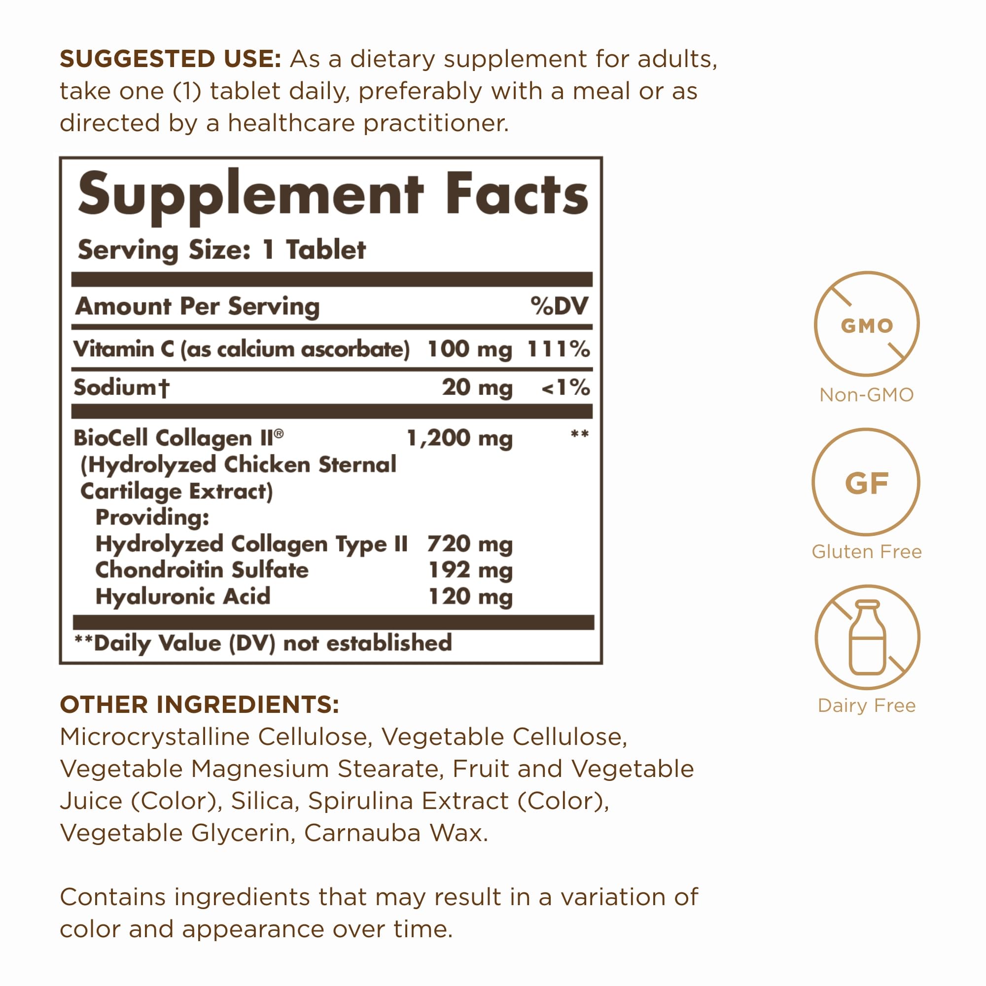 Solgar Collagen Hyaluronic Acid Complex bottle side highlights allergen-free formulation.