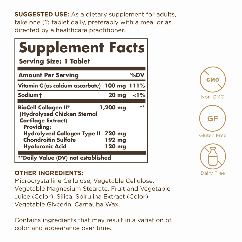 Solgar Collagen Hyaluronic Acid Complex bottle side highlights allergen-free formulation.